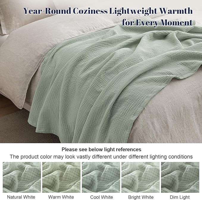 PHF 100% Cotton Muslin Throw XL Blanket Large 50" x 70", 4-Layer Lightweight Gauze Throw, Breathable Cloud-Soft Minimalist Blanket for Bed, Couch, Camping & Baby, Sage Green, Ideal Gift
