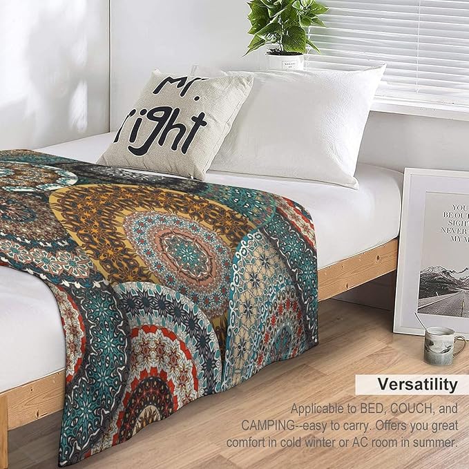 Bohemian Throw Blanket Colorful Vintage Floral Mandala Flower Aztec Boho Blanket for Sofa Bed Couch Chair Or Dorm 70"x80"