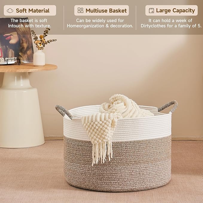 CLHMILY&Z Large Woven Basket - 20x13 Inches - Blanket Hamper for Living Room, Round Storage Bin, XLarge Laundry Organizer for Clothes, for Tree Plant, Mix Brown