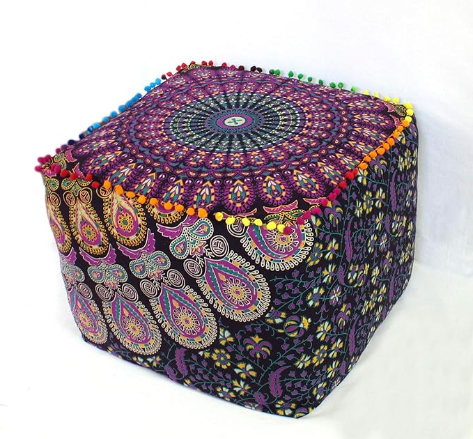 CRAFT KALA Mandala Meditation Floor Pillows Square Pillow Cover Seating Hippie Decorative Adults Bohemian Cushion Cover Outdoor Living Room Throw Ottoman Poufs Cover 16X16X14 inches,Pink Yellow Mirchi