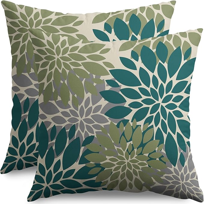 Teal Green Grey Gray Pillow Covers 20X20 Inch Set of 2, Spring Modern Geometry Dahlia Floral Print Decorative Throw Pillow Covers Outdoor Farmhouse Cushion Case for Couch Sofa Bed Decor
