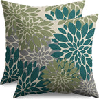 Teal Green Grey Gray Pillow Covers 20X20 Inch Set of 2, Spring Modern Geometry Dahlia Floral Print Decorative Throw Pillow Covers Outdoor Farmhouse Cushion Case for Couch Sofa Bed Decor