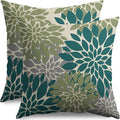 Teal Green Grey Gray Pillow Covers 24X24 Inch Set of 2, Modern Dahlia Floral Print Decorative Throw Pillow Covers Outdoor Farmhouse Cushion Case for Home Couch Sofa Bed Decoration