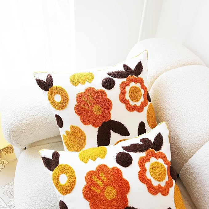 Embroidered Throw Pillow Cover Boho Floral Pillow Covers for Couch Sofa Orange Yellow Cotton Linen Bohemian Pillow Covers 3D Big Flowers 2PCS Botanical Pillowcase Covers 18x18 Inch