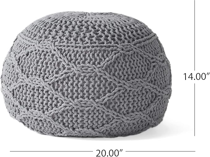 Knitted Cotton Round Pouf - 20x20, Modern Design, Soft Cotton, No Assembly, Porch Ottoman for Living Room, Gray, Ivory (Pouf - Gray)