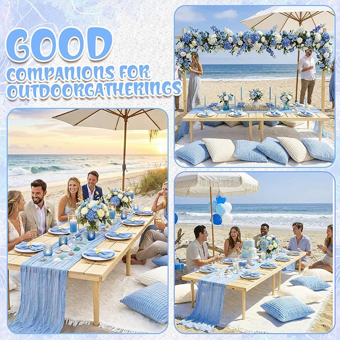 91 x 71 Extra Large Outdoor Boho Picnic Blanket with Table Runner Light Blue, 6 Throw Pillow Covers 6 Napkins Woven Cotton Yarn Oversize Beach Blanket Washable Picnic Camp Wedding