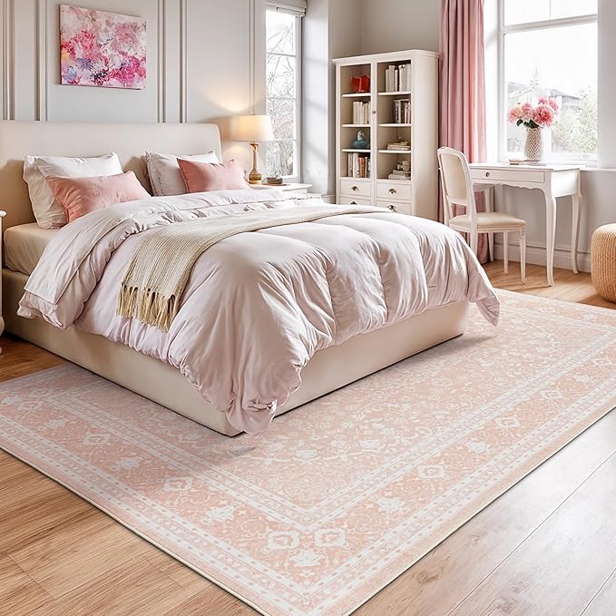 Lessymo 5x7 Area Rugs- Machine Washable Area Rugs, Super Soft Faux-Wool Area Rug for Living Room Bedroom, Boho Area Rug Vintage Floral Medallion Non-Slip Low Pile, Kid & Pet Friendly, Pink