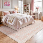 Lessymo 5x7 Area Rugs- Machine Washable Area Rugs, Super Soft Faux-Wool Area Rug for Living Room Bedroom, Boho Area Rug Vintage Floral Medallion Non-Slip Low Pile, Kid & Pet Friendly, Pink