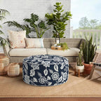 Indoor/Outdoor Inflatable Ottoman, Water Repellent Round Foot Rest Ottomans D31 x H14 inch, Portable Footstool for Patio Garden Camping or Home, Elegant Vines Navy