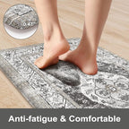 KIMODE Anti Fatigue Kitchen Mats, Boho Vintage Kitchen Rugs Sets of 2, Non Slip Waterproof Kitchen Floor Mats, Ergonomic Cushioned Standing Mats for Sink, Laundry, Desk Grey 20"x47"+20"x32"