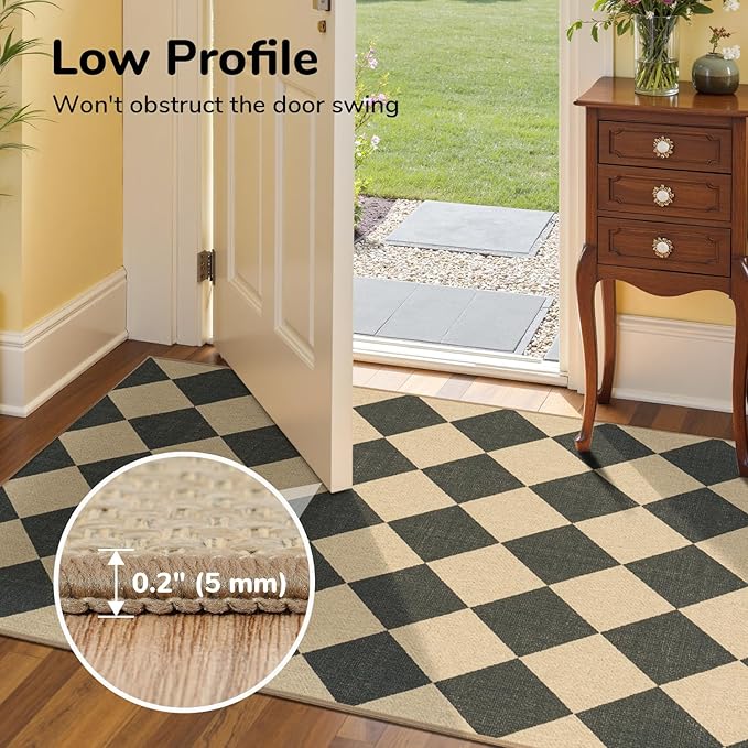 Lessymo Checkered 3x5 Outdoor Patio Rug, Washable Easy Jute Rugs for Entryway Indoor Outdoor Living Room Carpet, Farmhouse Non Slip Door Mat for Backyard Bedroom, Diamond Black/Beige