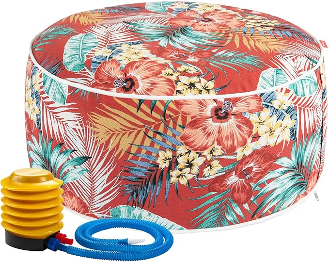 Outdoor/Indoor Inflatable Ottoman Pouf D20 xH9, All Weather Round Footstool with Foot Pump, Water Repellent Portable Footrest with Handle for Patio Garden Camping Travel-Chili Red Floral