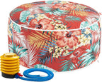 Outdoor/Indoor Inflatable Ottoman Pouf D20 xH9, All Weather Round Footstool with Foot Pump, Water Repellent Portable Footrest with Handle for Patio Garden Camping Travel-Chili Red Floral