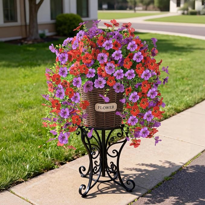 Artificial Flowers Hanging Baskets, 4 Bundles Outdoor Hanging Basket Spring Summer Decoration, No Fade Realistic Fake Flowers Plants for Porch Patio Balcony Home Yard Decor(Red Purple)