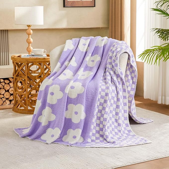 Checkered Throw Blanket, Lavender Flower Blanket for Couch, 50"x60" Soft Plaid Knit Blanket for Home Decor, Reversible Checkerered Blankets for Sofa, Chair, Bed