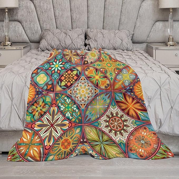Boho Floral Throw Blanket Colorful Mandala Bohemian Indian Hippie Vintage Blanket for Sofa Bed Couch Chair or Dorm 50"x60"