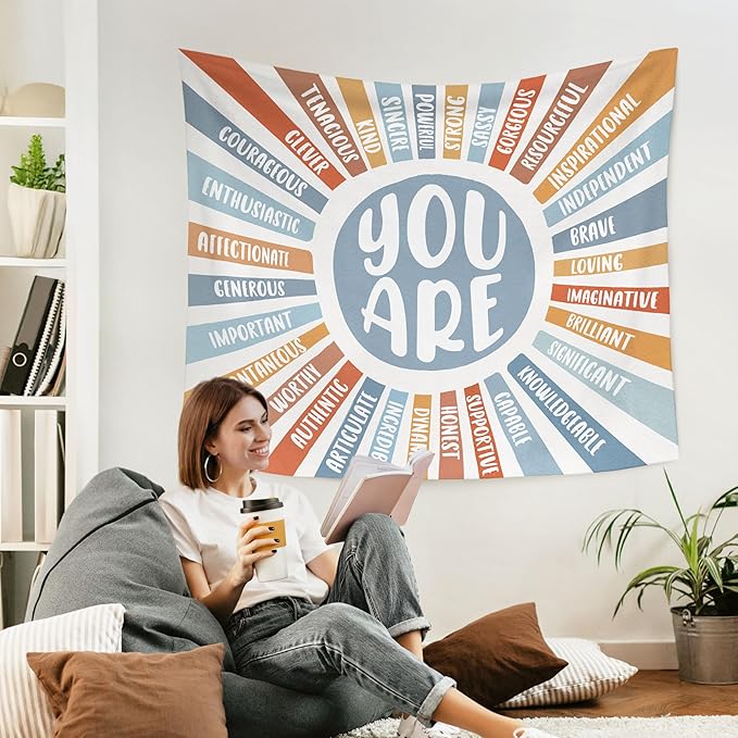 WARDOS Boho Sunshine Tapestry, You Are Inspirational Tapestry Wall Hanging, Colorful Boho Sun Positive Affirmation Wall Blanket Decor for Kids Room Nursery Playroom Classroom, 50x60 Inch (Blue)