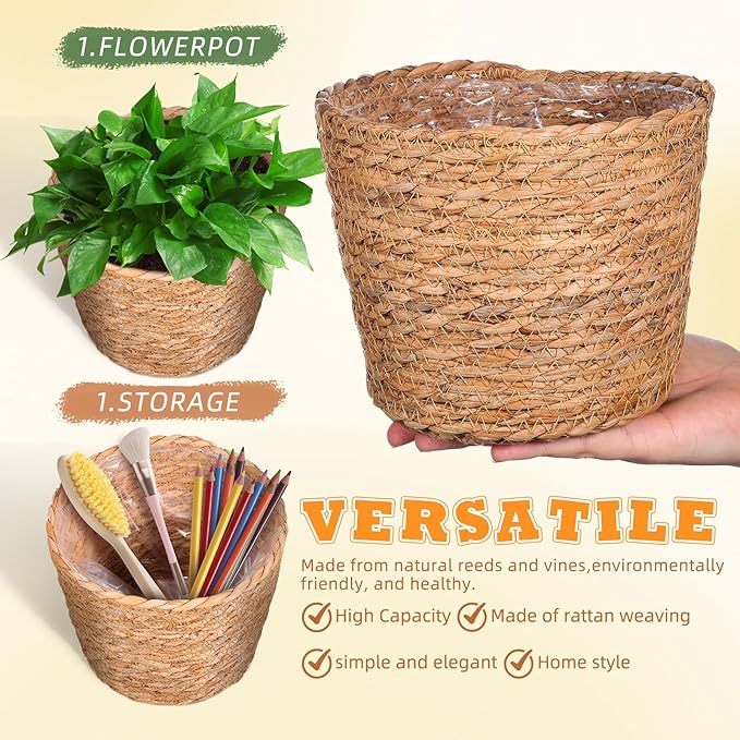 Veemoon 2pcs Wicker Planter Basket, Rustic Straw Woven Flower Basket Arrangement Flower for Plants Laundry Bin Storage Woven Plant Pot Hanging Seaweed Girl Toddler Hanging Seaweed 5. 11x5. 11x3. 54in