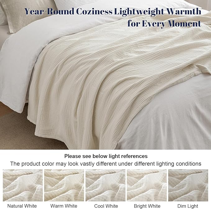 PHF 100% Cotton Muslin Throw Blanket 50" x 60", 4-Layer Lightweight and Breathable Blanket, Luxuriously Soft Gauze Throws for Couch Bed Sofa, Ideal Gift Choice, Oat Milk