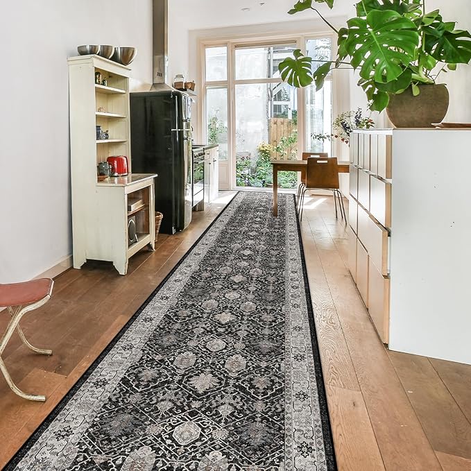 Hallway Washable Runner Rug - 3x20 Kitchen Rugs Entryway Rug Long Runner Vintage Soft Floor Mat Non Slip Indoor Farmhouse Carpet for Bathroom Living Room Bedroom (3 X 20, Black)