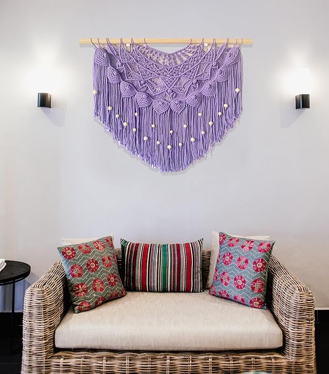 Youngeast Large Macrame Wall Hanging Boho Beaded Curtain for Window Macrame Bedroom Headboard Living Room Wall Art Tassel Tapestry Bohemian Woven Wall Decor 31" W X 25" H (Purple)