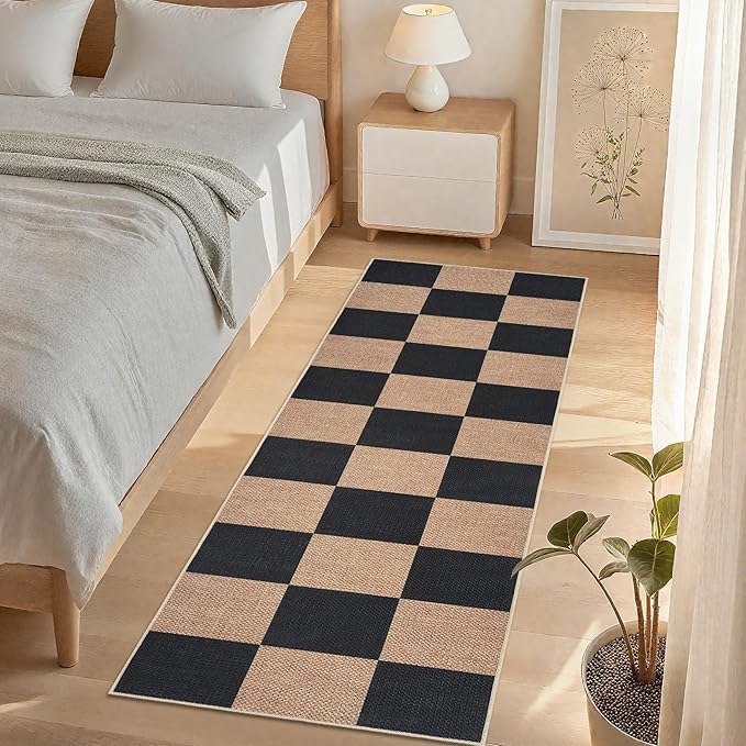 GarveeHome Easy Jute Rugs 2x8 Checkered Kitchen Runner Rugs Non Skid Washable Stain Resistant Indoor Outdoor Rugs for Living Room, Bedroom, Dining, Patio - Farmhouse Style Black Tan