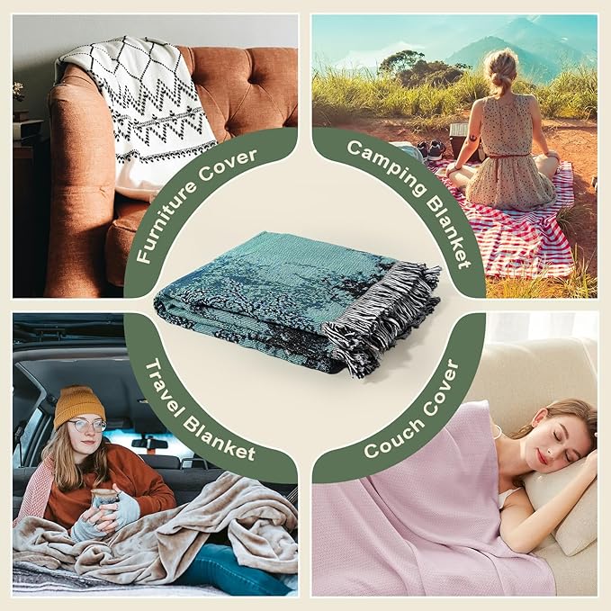 Snycler New Chinese Style Throw Blanket for Bed 50 * 60inch Woven Blanket Cotton Polyester Farmhouse Decor for Indoor Outdoor Sofa Bedroom Garden，All Season