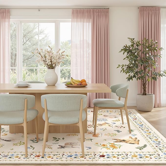 Dog 9x12 Area Rugs for Living Room, Machine Washable Animal Floral Vintage Rug Non-Slip Low Pile Soft Throw Large Rugs for Bedroom Dining Room Kitchen Nursery Playroom (9 x 12,Beige)