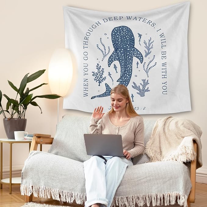 HUGANE Whale Shark Christian Tapestry, Isaiah 43:2 Bible Verse Tapestry Wall Hanging, Religious Bible Scripture Wall Blanket Backdrop Decor for Home Bedroom Living Room, 50x60 Inch