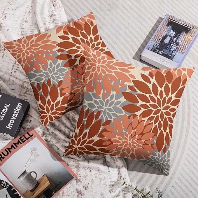 Burnt Orange Grey Gray Pillow Covers 24X24 Inch Set of 2, Modern Dahlia Floral Print Decorative Throw Pillow Covers Outdoor Farmhouse Cushion Case for Home Couch Sofa Bed Decoration