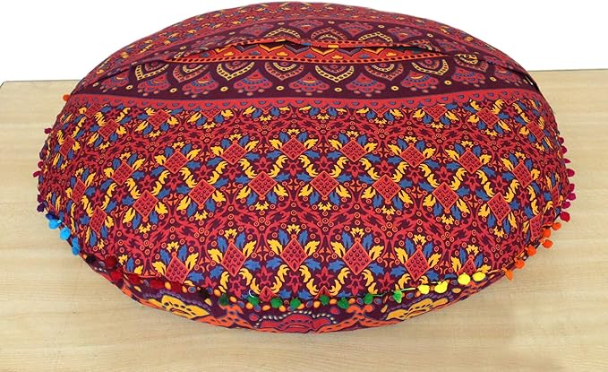 INDIAN CRAFT CASTLE New Orange Ombre 24" Mandala Barmeri Large Floor Pillow Cover Cushion Meditation Seating Ottoman Throw Cover Hippie Decorative Zipped Bohemian Pouf Ottoman Pom Pom Cases 24" Round
