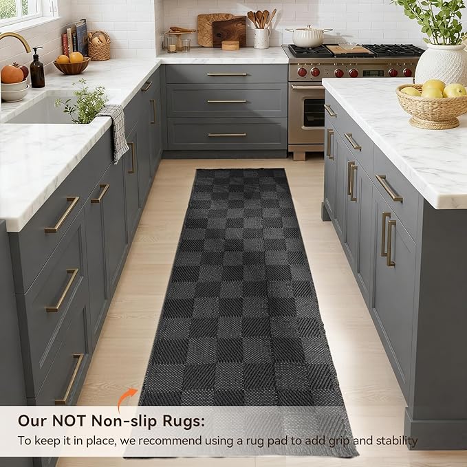 BESTSWEETIE 2'x6' Washable Rug Hand-Woven Low Pile Soft Checkerboard Pattern Reversible Checkered Braided Rugs with Short Fringe Carpet for Living Room Bedroom Dining Room Home Decor - Black/White
