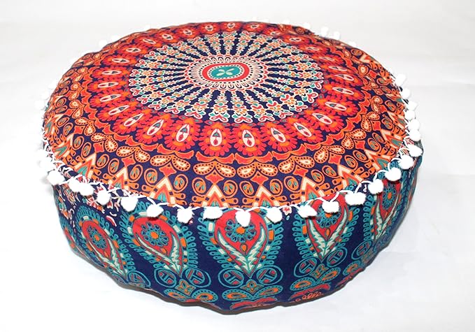 CRAFT KALA Large Hippie Mandala Meditation Floor Ottoman Pillow Cushion Pouf Cover Square Poufs Bohemian Circle Floor Cushion Case Outdoor Fireplace Yoga Living Room Decor Cover Orange, 16" Round