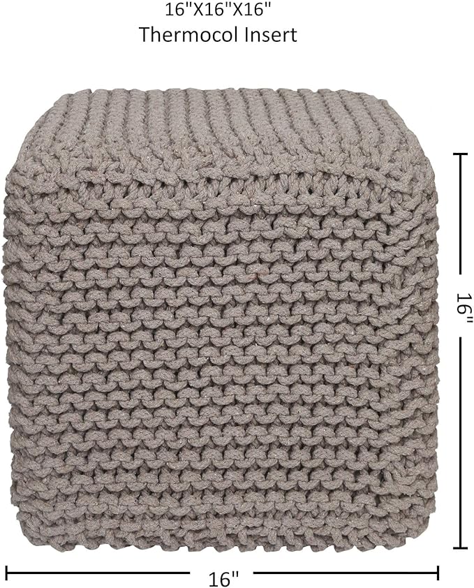 REDEARTH Cube Hand Knitted Pouf - Foot Stool Ottoman - Cord Boho Pouffe - Poof Accent Stuffed Table or Footrest for Living Room - Nursery - Bedroom - Patio - 100% Cotton (16" x 16" x 16") - Taupe