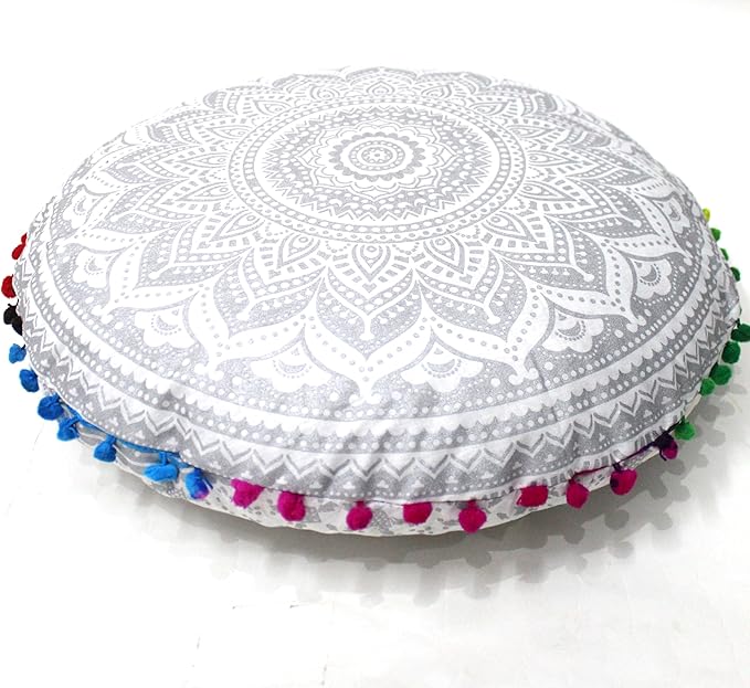 CRAFT KALA 32" Round Large Round Bohemian Floor Pillow Pouf Cover Mandala Meditation Room Pillow Cover for Adults Boho Seating Poufs Cushion Cover for Kids Playroom Silver Matellic Ombre