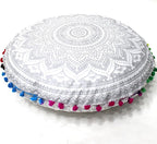 CRAFT KALA Boho Large Floor Pillow Pouf Cover Mandala Meditation Room Pillow Cover for Adults Round Bohemian Seating Pouf Cushion Cover for Kids Playroom 22" Silver Matellic Ombre