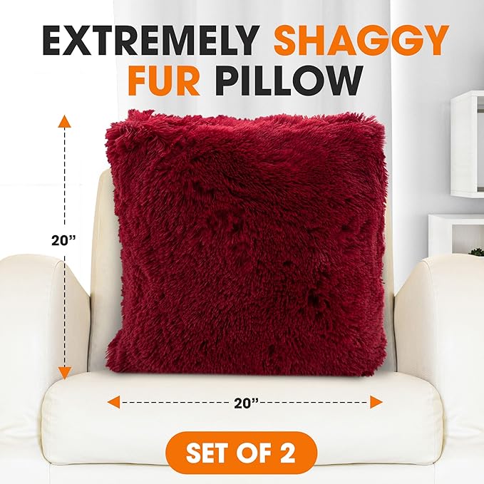 Cheer Collection Throw Pillows for Couch and Bed, Soft Shaggy Throw Pillows with Inserts Included, Cozy Long Hair Faux Fur Pillows - Set of 2-18" x 18" - Maroon