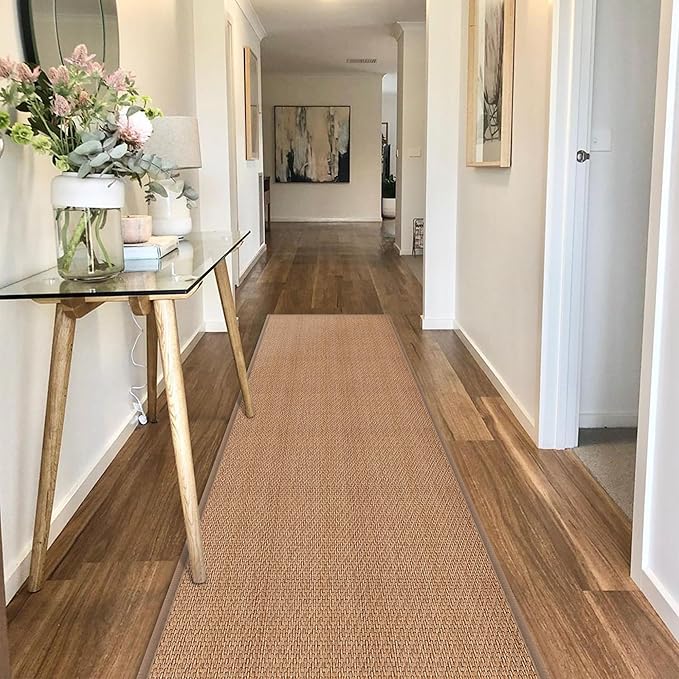 7ft Natural Jute Hallway Runner Rug Non Slip Washable, Rubber Backed Long Indoor Entryway Runner, Absorbent Kitchen Carpet Sink Rug, Camel