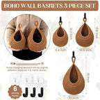 Hanging Fruit Baskets for Kitchen - 3 Pack Boho Wall Hanging Basket with 6 Pcs Strong Hooks, Handwoven Hanging Holder Teardrop Home Produce Basket for Fruits Vegetable Potato Onion Storage (Linen)