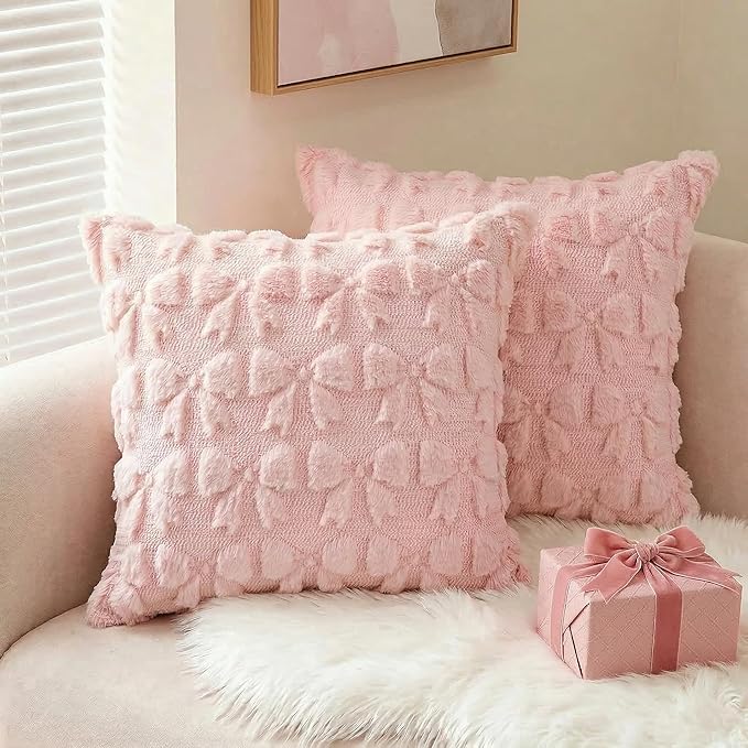 AVOIN colorlife Pink Spring Bow Throw Pillow Covers Set of 2, 20 x 20 Inch Coquette Aesthetic Room Decor Soft Plush Faux Fur Cushion Case for Girls Room