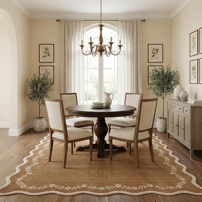 GarveeHome 4x6 Brown Scalloped Washable Area Rug for Nursery Room, Solid Floral Soft Nursery Rug Non Slip Low Pile Small Carpet Stain Resistant Throw Rug for Dorm Kids Room Office Dining Room