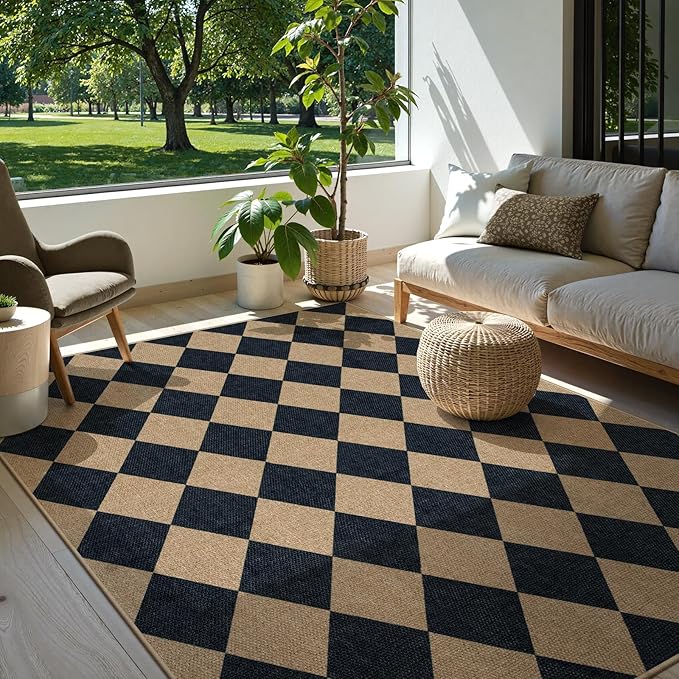 Lanffia Checkered Easy Jute 5x7 Outdoor Rug, Black Washable Rugs 5x7 for Living Room Neutral Indoor Outdoor Carpet, Non Slip Stain Resistant Checkerboard Rug for Backyard Dining Room Classroom