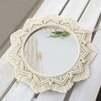Dremisland Macrame Wall Mirror-15 Inch Round Mirror with Macrame Fringe, Boho Decorative Hanging Mirror Wall Decor Art Ornament for Apartment Home Bedroom Living Room Baby Nursery (Beige)