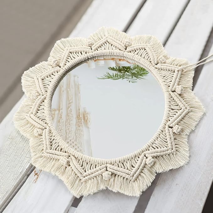 Dremisland Macrame Wall Mirror-15 Inch Round Mirror with Macrame Fringe, Boho Decorative Hanging Mirror Wall Decor Art Ornament for Apartment Home Bedroom Living Room Baby Nursery (Beige)