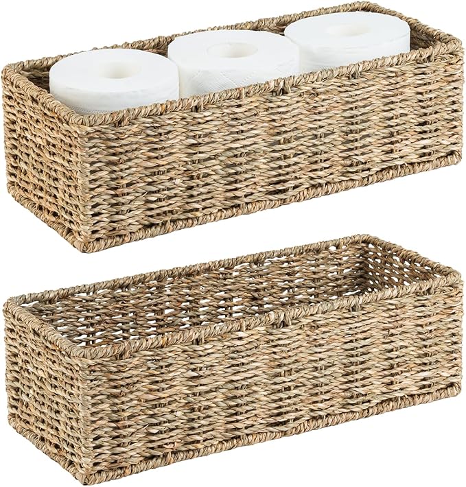 Small Wicker Baskets 2 Pack, Hand Woven Toilet Basket Tank Topper, Toilet Tank Basket for Bathroom Organizing, Seagrass Storage Baskets for Toilet Paper (14.4"Lx6.1"Wx4.4"H)