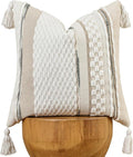 AmHoo Chenille Striped Textured Boho Throw Pillow Covers Aesthetic with Tassels Woven Decorative Pillow Case for Couch Bed Sofa Bedroom Modern Funky 18 x 18-Inch White