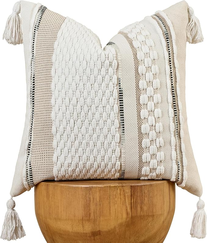 AmHoo Chenille Striped Textured Boho Throw Pillow Covers Aesthetic with Tassels Woven Decorative Pillow Case for Couch Bed Sofa Bedroom Modern Funky 18 x 18-Inch White
