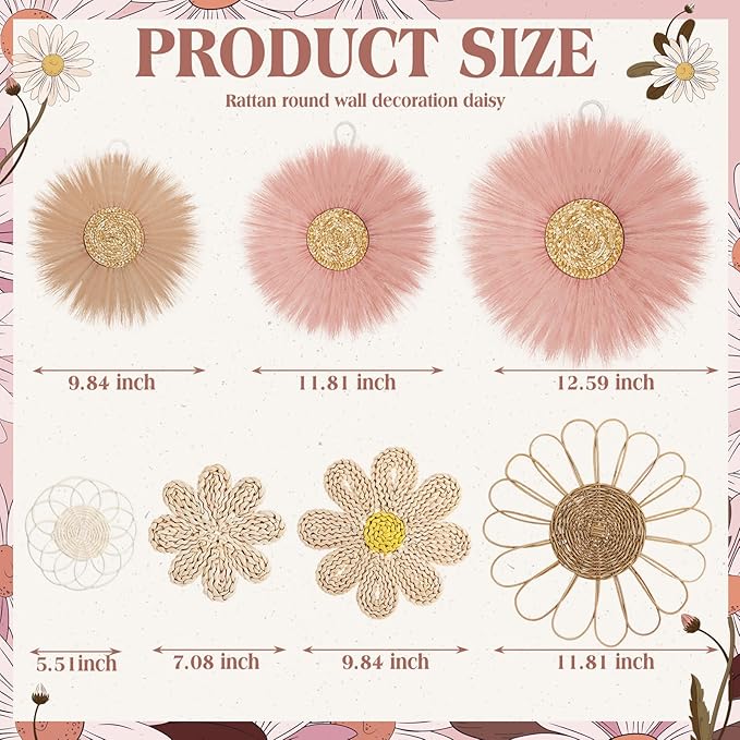 Chunful 7 Pcs Boho Wall Basket Decor Rattan Flower Wall Decor Nursery Daisy Flower Woven Macrame Hanging Flowers for Baby Kids Girls Farmhouse Bedrooms Living Rooms Kitchen Home (Dark Pink)