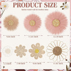 Chunful 7 Pcs Boho Wall Basket Decor Rattan Flower Wall Decor Nursery Daisy Flower Woven Macrame Hanging Flowers for Baby Kids Girls Farmhouse Bedrooms Living Rooms Kitchen Home (Dark Pink)