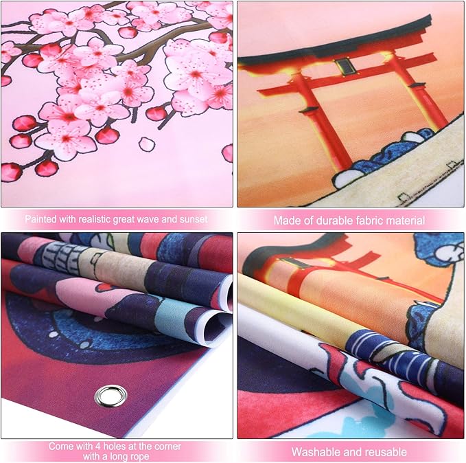 Ocean Wave Tapestry Japanese Kanagawa Backdrop Great Wave Tapestry Cherry Blossom Nature Sunset Background Wall Hanging Banner for Japanese Party Wall Home Decorations, 72.8 x 43.3 Inch